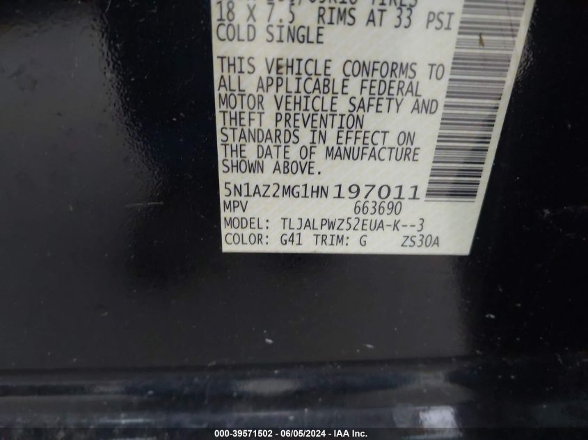 2017 Nissan Murano S VIN: 5N1AZ2MG1HN197011 Lot: 39571502