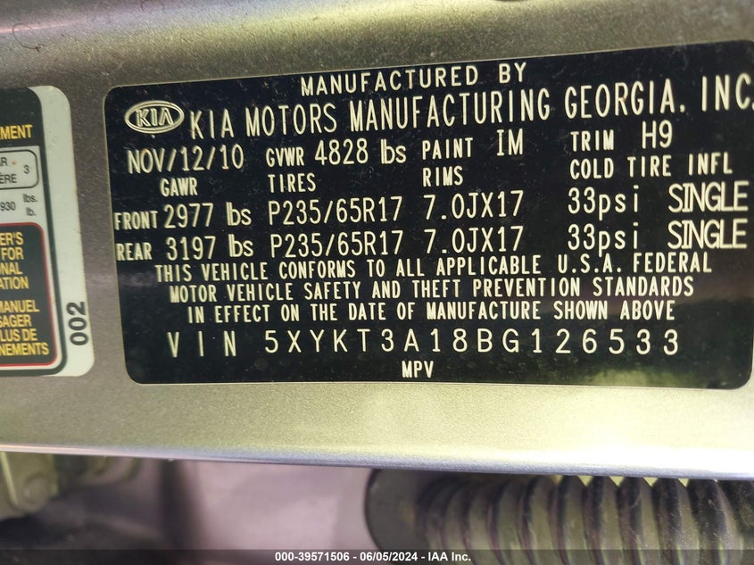 2011 Kia Sorento Lx VIN: 5XYKT3A18BG126533 Lot: 39571506