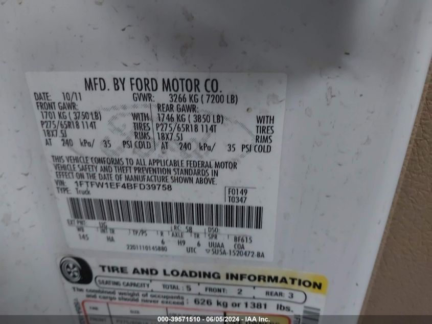 2011 Ford F-150 Lariat VIN: 1FTFW1EF4BFD39758 Lot: 39571510