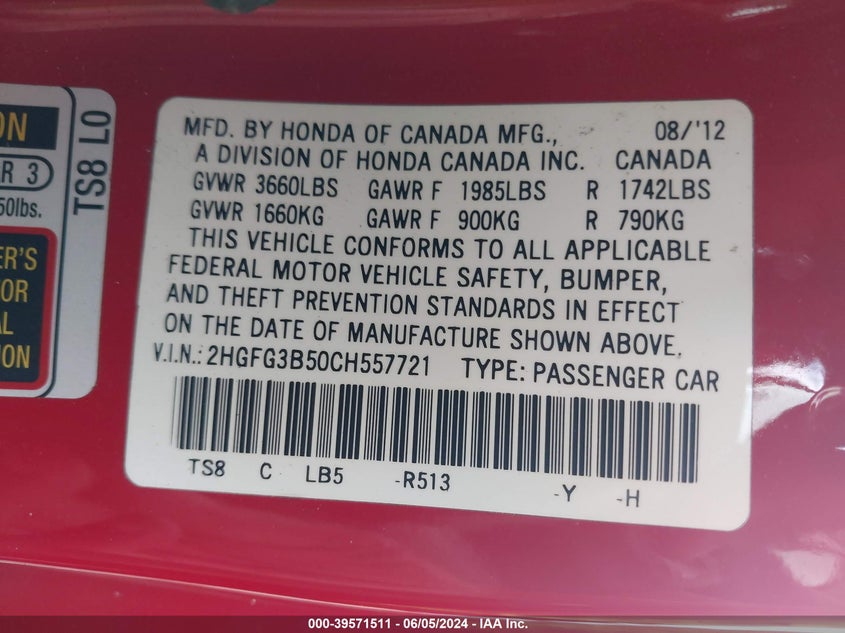 2012 Honda Civic Lx VIN: 2HGFG3B50CH557721 Lot: 39571511