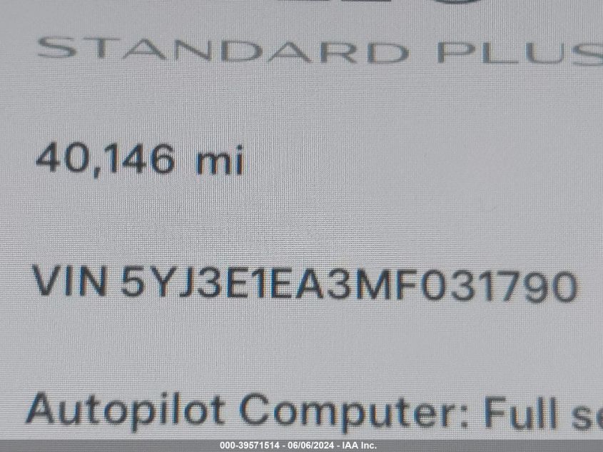 2021 Tesla Model 3 Standard Range Plus Rear-Wheel Drive VIN: 5YJ3E1EA3MF031790 Lot: 39571514