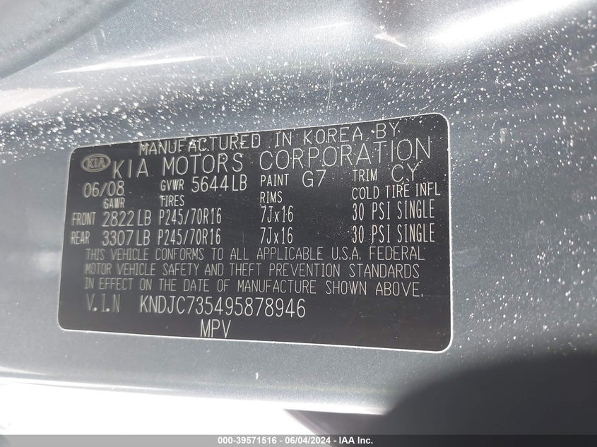 2009 Kia Sorento Ex VIN: KNDJD736495818946 Lot: 39571516