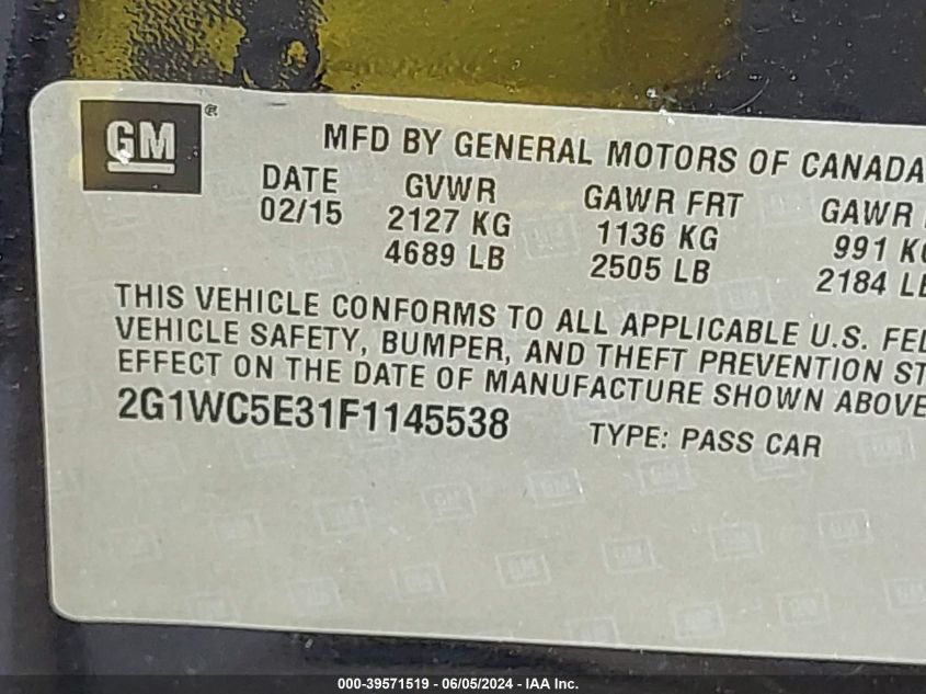 2015 Chevrolet Impala Limited Ltz VIN: 2G1WC5E31F1145538 Lot: 39571519