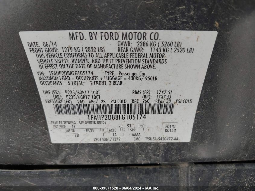 2015 Ford Taurus Se VIN: 1FAHP2D88FG105174 Lot: 39571520