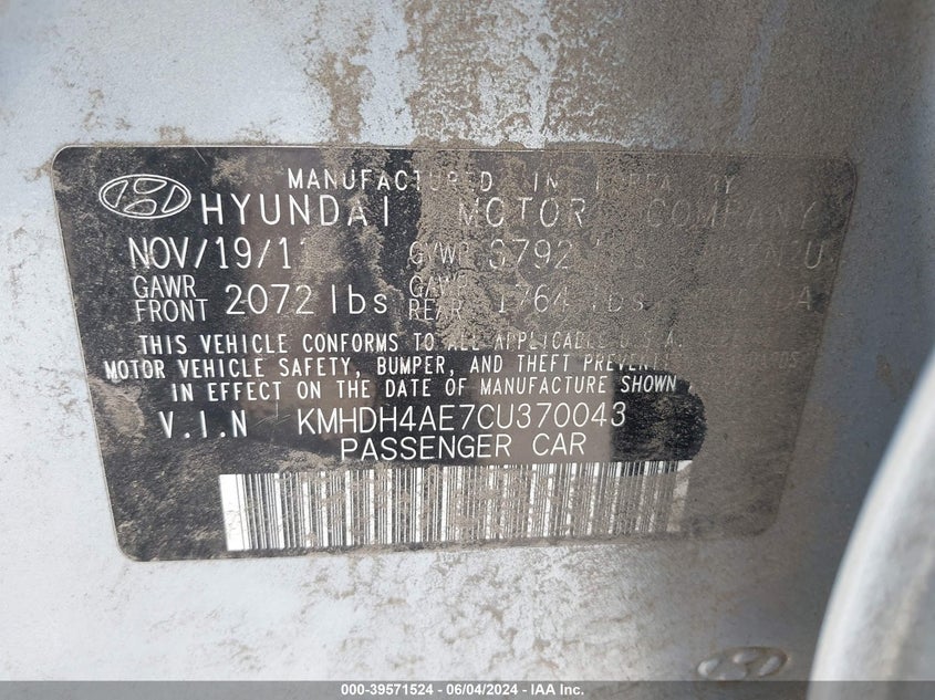 2012 Hyundai Elantra Limited (Ulsan Plant) VIN: KMHDH4AE7CU370043 Lot: 39571524