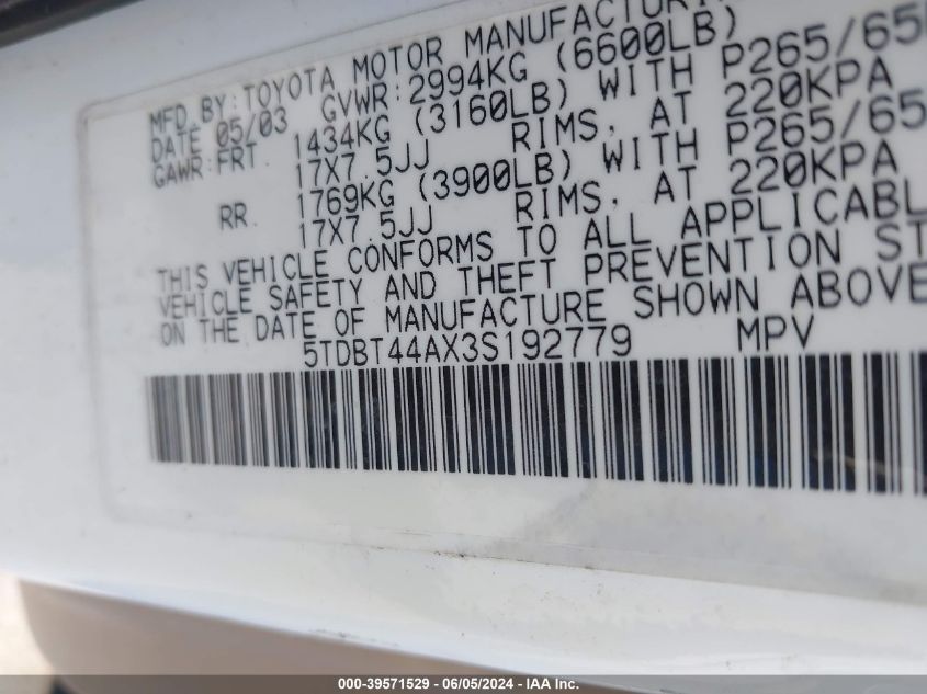 2003 Toyota Sequoia Sr5 V8 VIN: 5TDBT44AX3S192779 Lot: 39571529