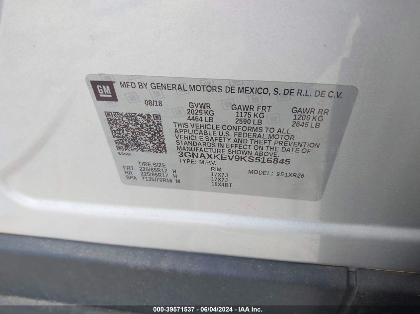 2019 Chevrolet Equinox Lt VIN: 3GNAXKEV9KS516845 Lot: 39571537