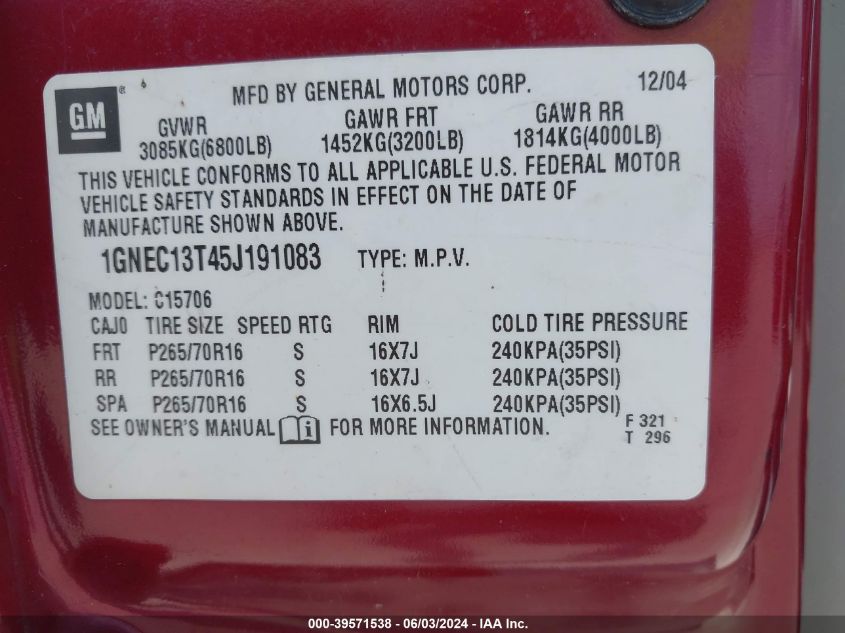 2005 Chevrolet Tahoe Ls VIN: 1GNEC13T45J191083 Lot: 39571538