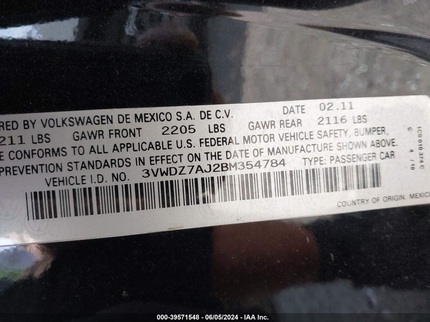 2011 Volkswagen Jetta 2.5L Se VIN: 3VWDZ7AJ2BM354784 Lot: 39571548