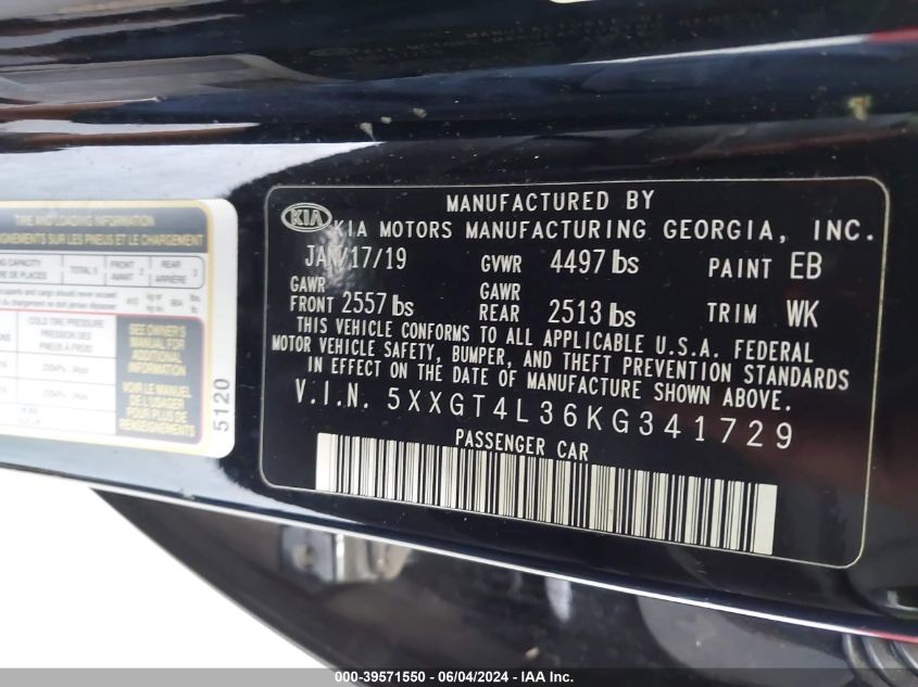 2019 Kia Optima Lx VIN: 5XXGT4L36KG341729 Lot: 39571550