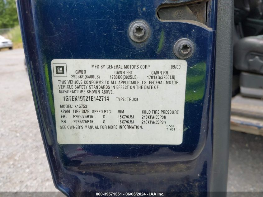 2001 GMC Sierra 1500 Sle VIN: 1GTEK19T21E142714 Lot: 39571551