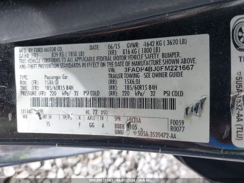 2015 Ford Fiesta Se VIN: 3FADP4BJ0FM221667 Lot: 39571561