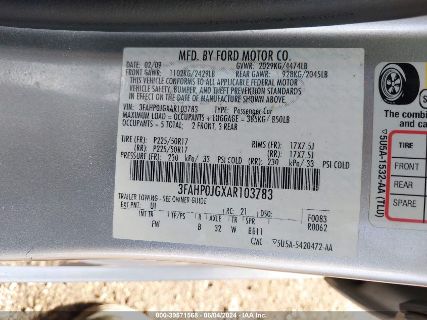 2010 Ford Fusion Sel VIN: 3FAHP0JGXAR103783 Lot: 39571568