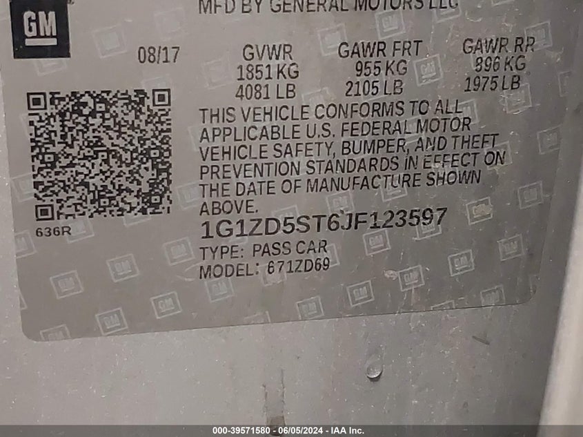 2018 Chevrolet Malibu Lt VIN: 1G1ZD5ST6JF123597 Lot: 39571580