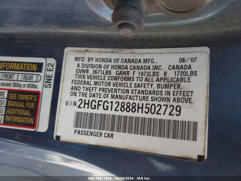 2008 Honda Civic Ex VIN: 2HGFG12888H502729 Lot: 39571606