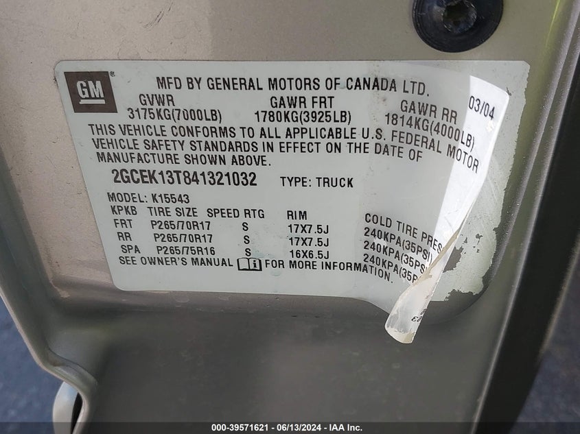 2004 Chevrolet Silverado 1500 Ls VIN: 2GCEK13T841321032 Lot: 39571621