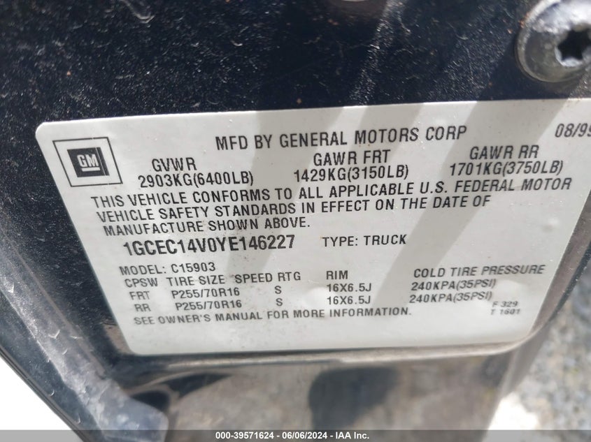 2000 Chevrolet Silverado 1500 Ls VIN: 1GCEC14V0YE146227 Lot: 39571624