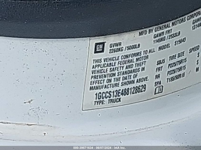 2008 Chevrolet Colorado Lt VIN: 1GCCS13E488128629 Lot: 39571634