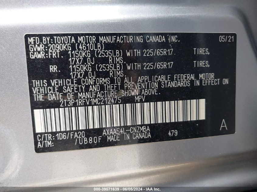 2021 Toyota Rav4 Xle VIN: 2T3P1RFV1MC212475 Lot: 39571639