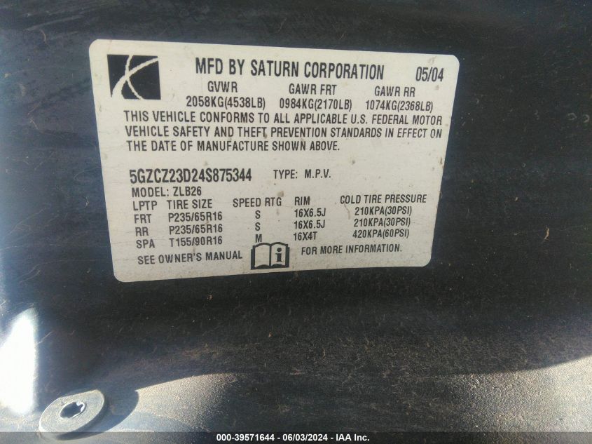 2004 Saturn Vue 4 Cyl VIN: 5GZCZ23D24S875344 Lot: 39571644
