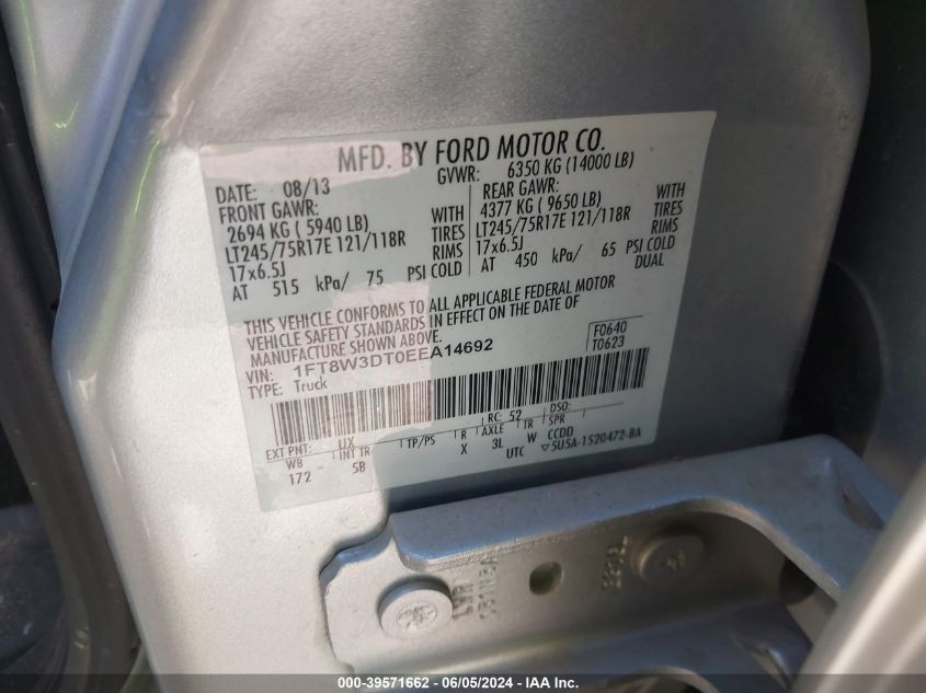 2014 Ford F-350 Lariat VIN: 1FT8W3DT0EEA14692 Lot: 39571662