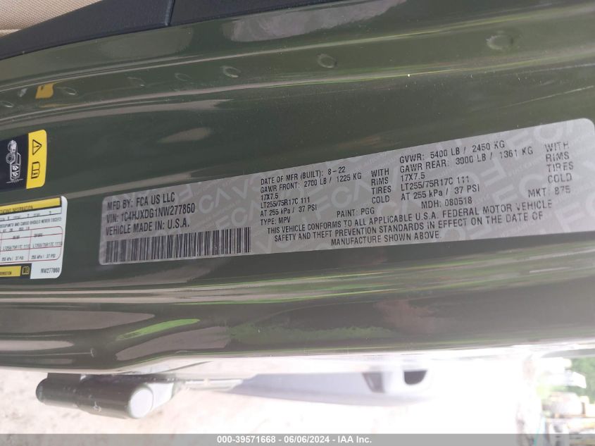 2022 Jeep Wrangler Unlimited Willys Sport 4X4 VIN: 1C4HJXDG1NW277860 Lot: 39571668