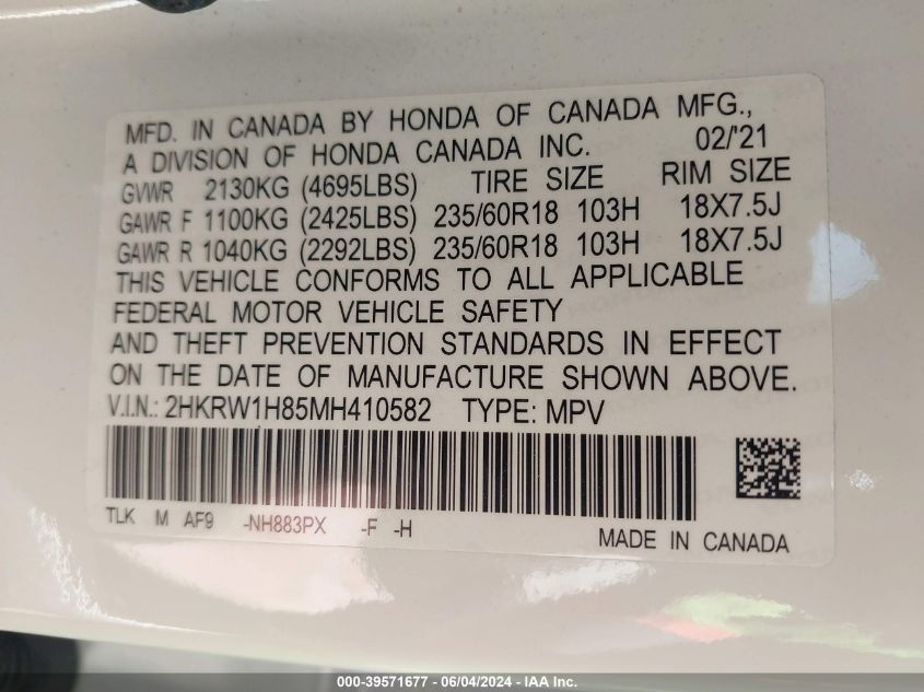 2021 Honda Cr-V 2Wd Ex-L VIN: 2HKRW1H85MH410582 Lot: 39571677