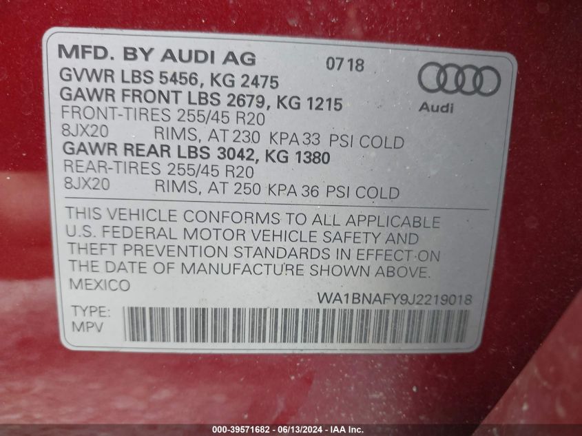 2018 Audi Q5 2.0T Premium VIN: WA1BNAFY9J2219018 Lot: 39571682