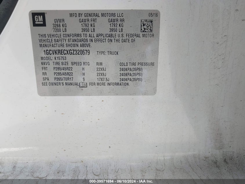 2016 Chevrolet Silverado 1500 2Lt VIN: 1GCVKRECXGZ320679 Lot: 39571694