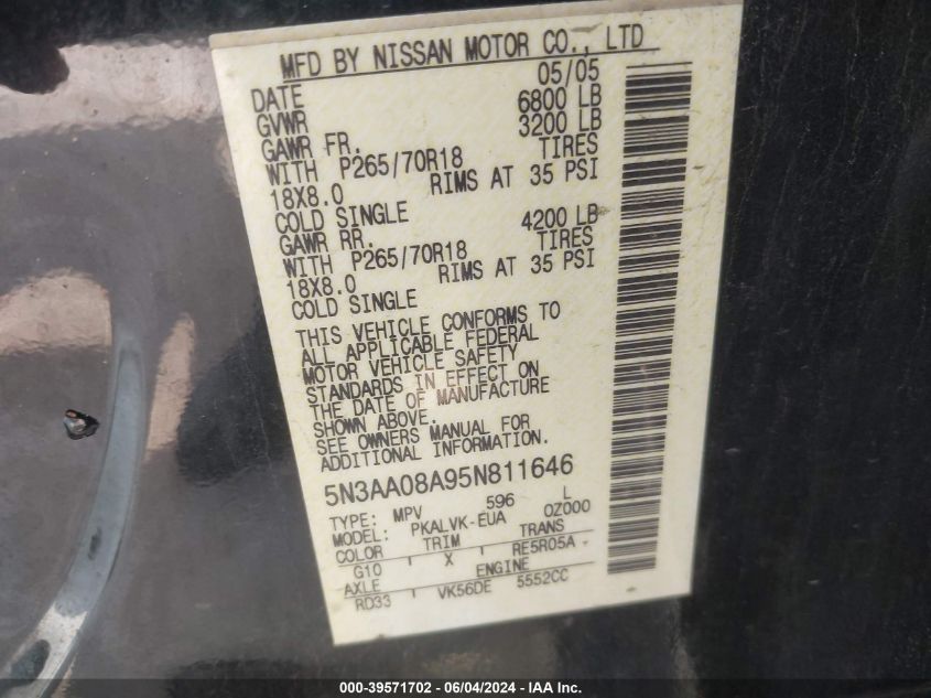 2005 Infiniti Qx56 VIN: 5N3AA08A95N811646 Lot: 39571702