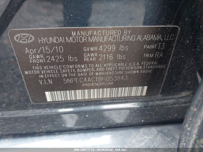 2011 Hyundai Sonata Se VIN: 5NPEC4AC1BH053843 Lot: 39571715