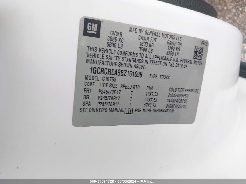 2011 Chevrolet Silverado 1500 Ls VIN: 1GCRCREA8BZ161098 Lot: 39571720