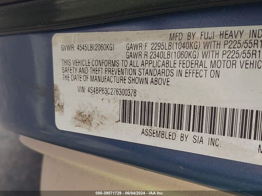 2007 Subaru Outback 2.5Xt Limited VIN: 4S4BP63C276300378 Lot: 39571729