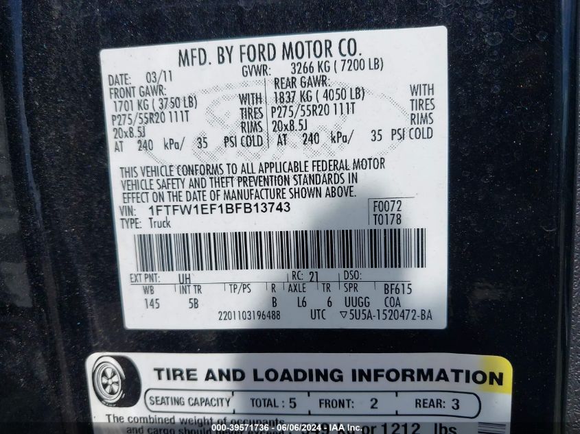 2011 Ford F-150 Fx4 VIN: 1FTFW1EF1BFB13743 Lot: 39571736