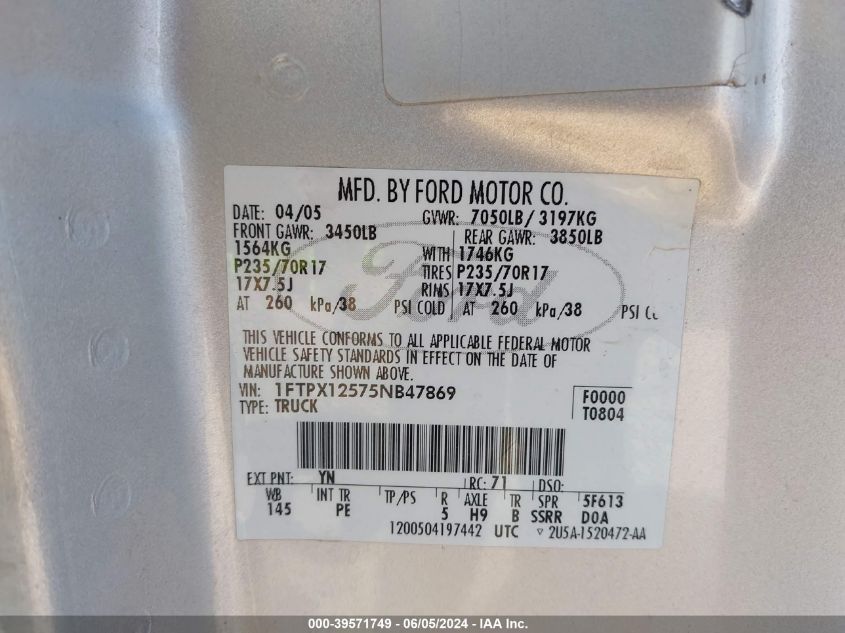 2005 Ford F-150 Lariat/Xl/Xlt VIN: 1FTPX12575NB47869 Lot: 39571749