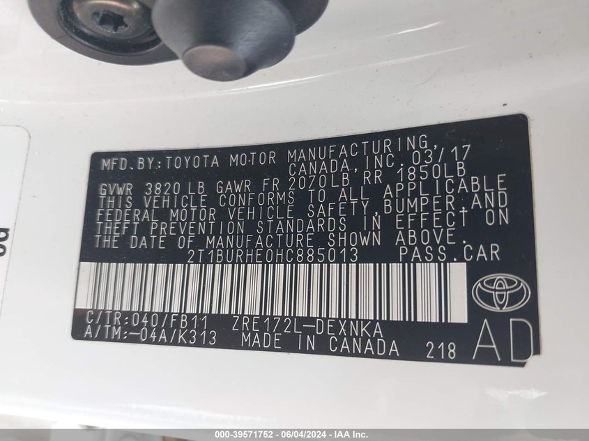 2017 TOYOTA COROLLA L/LE/XLE/SE/XSE - 2T1BURHE0HC885013