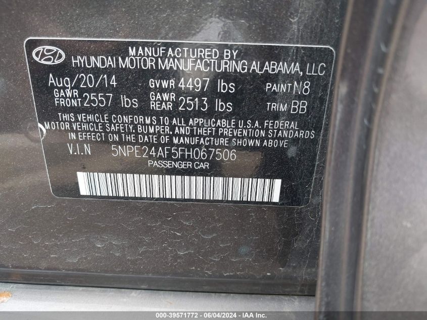 2015 Hyundai Sonata Se VIN: 5NPE24AF5FH067506 Lot: 39571772