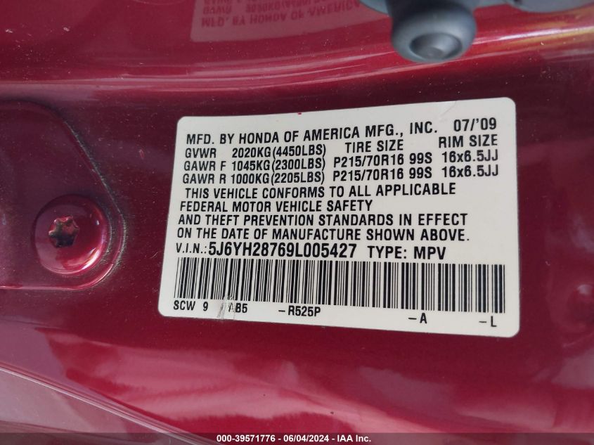2009 Honda Element Ex VIN: 5J6YH28769L005427 Lot: 39571776