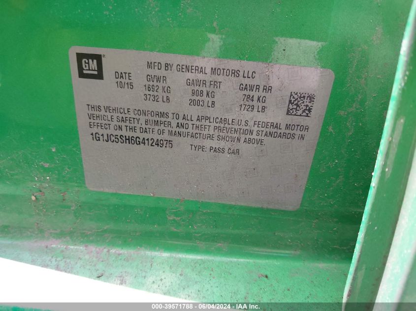 2016 Chevrolet Sonic Lt Auto VIN: 1G1JC5SH6G4124975 Lot: 39571788