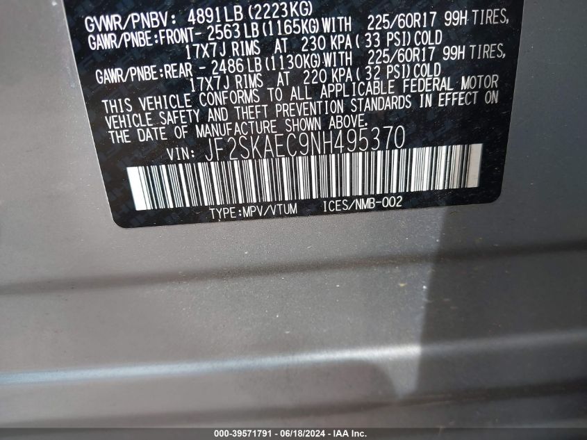 2022 Subaru Forester Premium VIN: JF2SKAEC9NH495370 Lot: 39571791