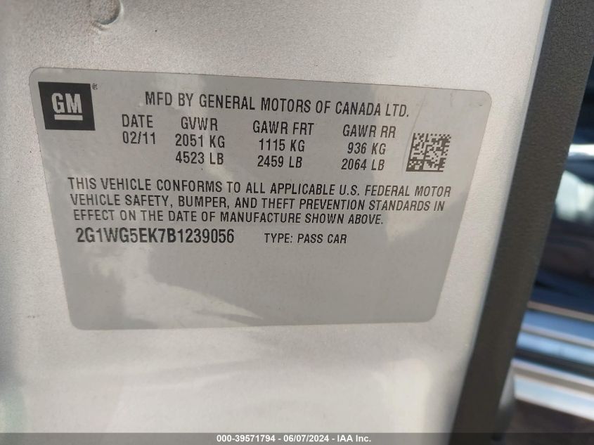 2011 Chevrolet Impala Lt VIN: 2G1WG5EK7B1239056 Lot: 39571794