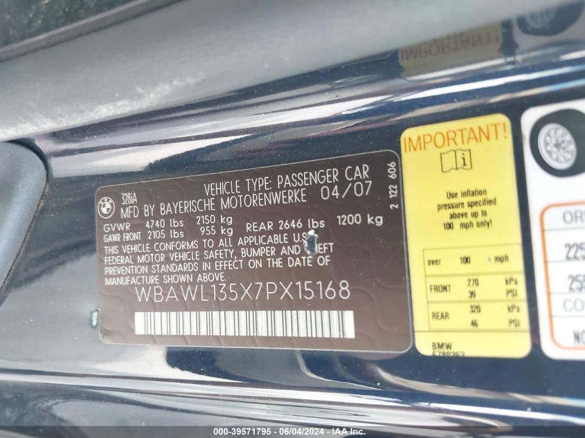 2007 BMW 328I VIN: WBAWL135X7PX15168 Lot: 39571795