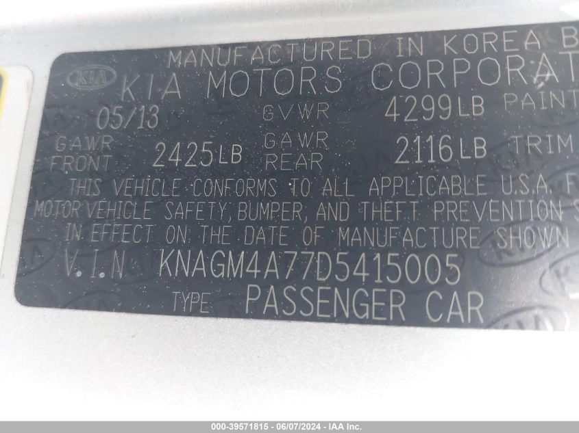2013 Kia Optima Lx VIN: KNAGM4A77D5415005 Lot: 39571815