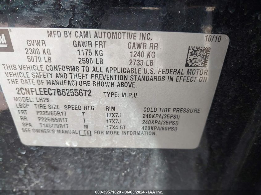 2011 Chevrolet Equinox 1Lt VIN: 2CNFLEEC7B6255672 Lot: 39571820