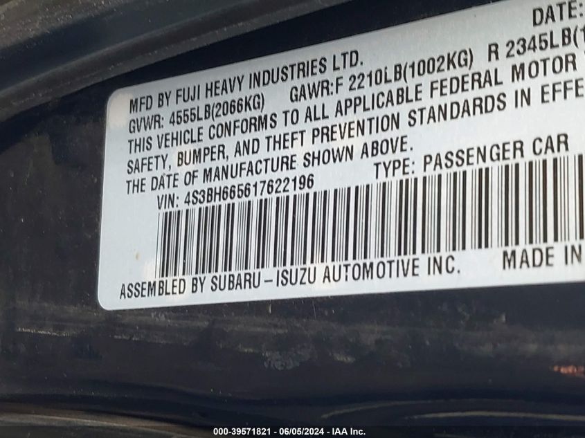 2001 Subaru Outback VIN: 4S3BH665617622196 Lot: 39571821