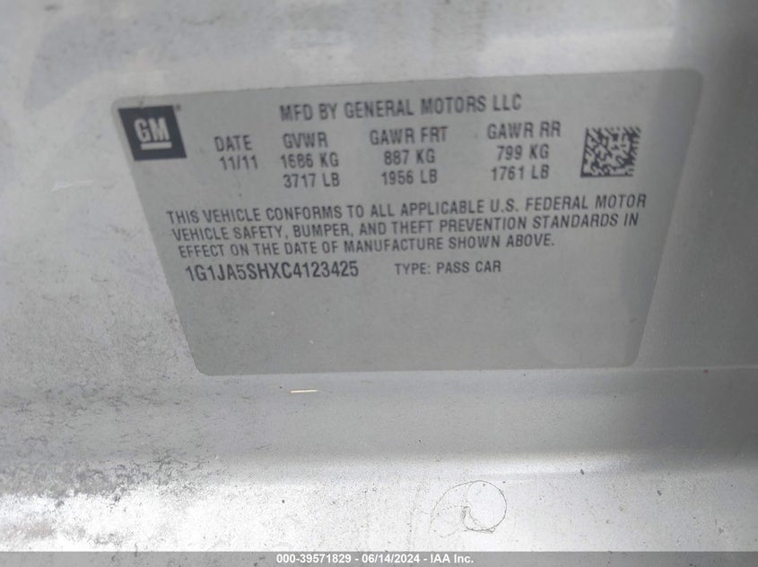 2012 Chevrolet Sonic 2Ls VIN: 1G1JA5SHXC4123425 Lot: 39571829