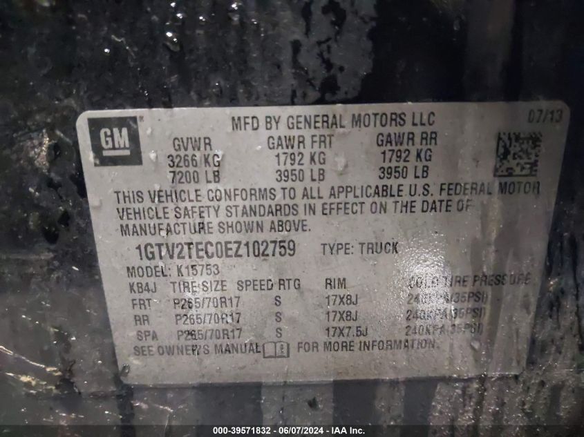 2014 GMC Sierra 1500 VIN: 1GTV2TEC0EZ102759 Lot: 39571832