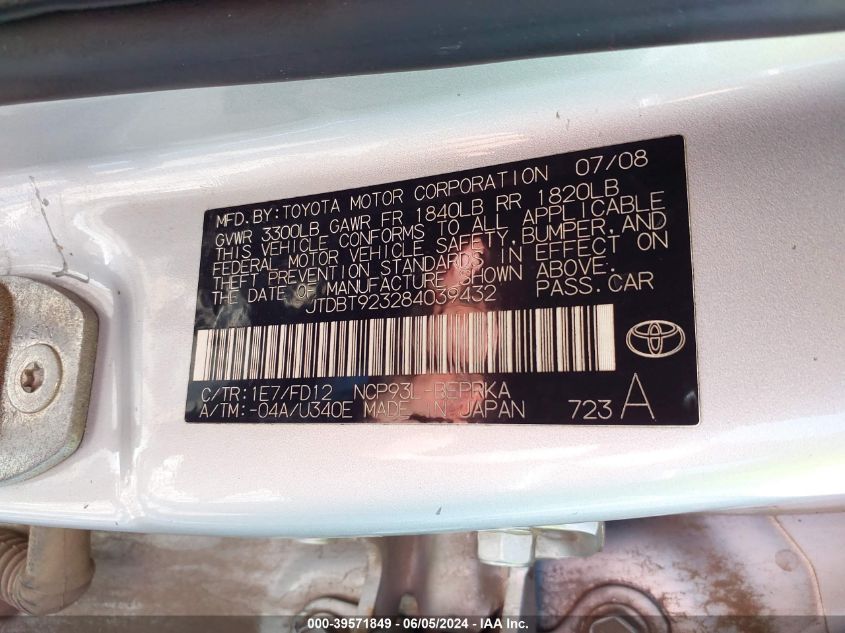 2008 Toyota Yaris VIN: JTDBT923284039432 Lot: 39571849