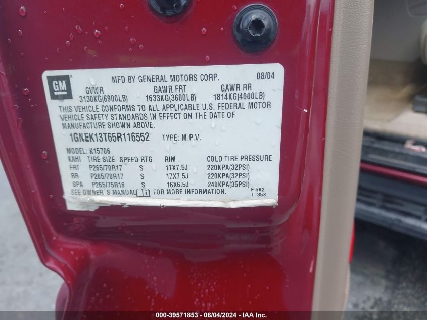 2005 Chevrolet Tahoe Lt VIN: 1GNEK13T65R116552 Lot: 39571853