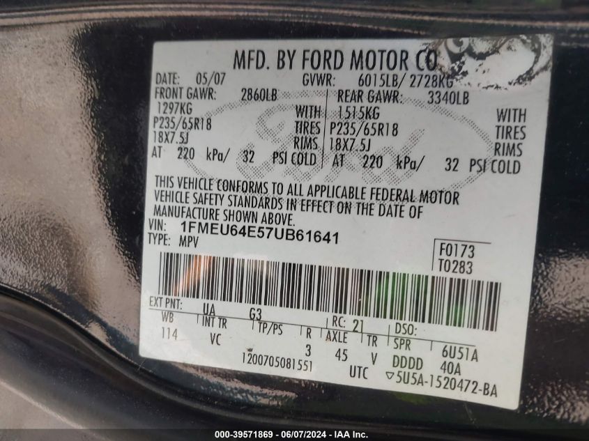 2007 Ford Explorer Eddie Bauer VIN: 1FMEU64E57UB61641 Lot: 39571869